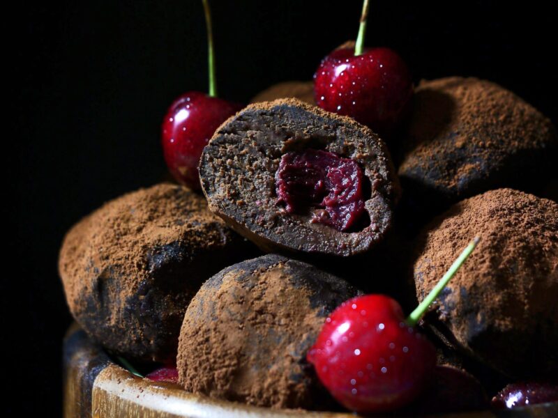 Dark chocolate truffles with cherry filling.
